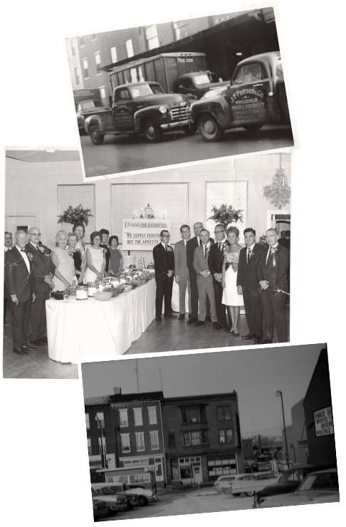 Black and white historic images of the early Feeser's Food Distributors employees.