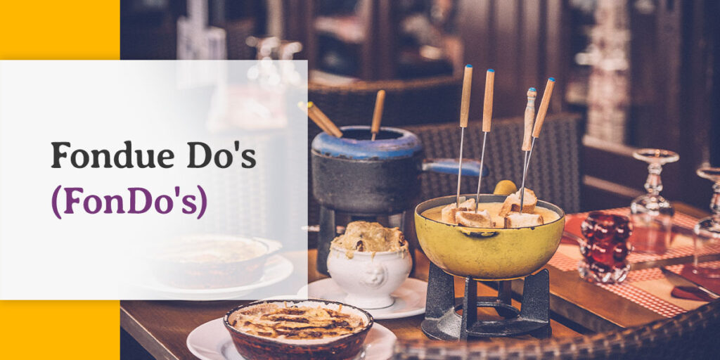 a table with fondue cheese with bread and fondos graphic