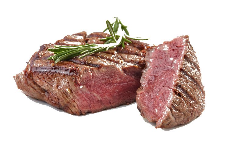 A steak cooked to a perfect medium rare with rosemary on top.