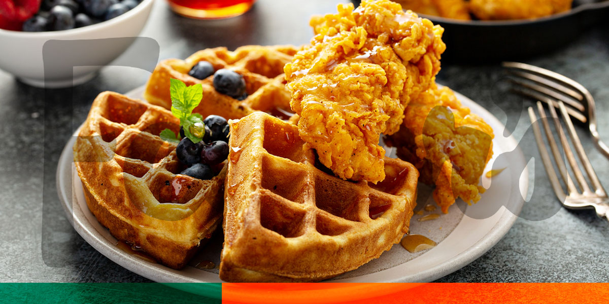 waffles with fried cgicken and blueberries