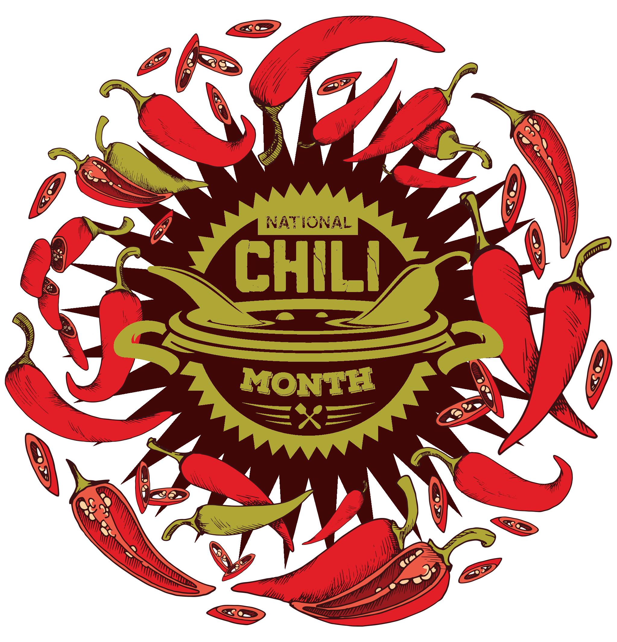 a poster for national chili month with lots of cartoon red peppers on a black background