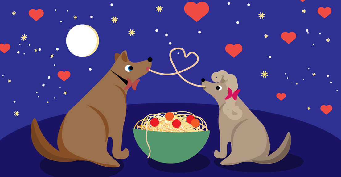 cartoon image of two dogs eating spaghetti with a noodle making a heart shape