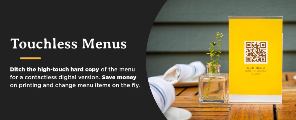 a sign that says touchless menus sits on a wooden table