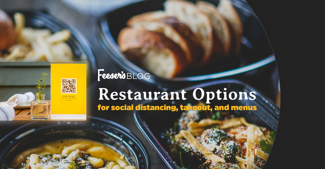 QR code for the Feeser's blog over a photo of black to-go restaurant containers