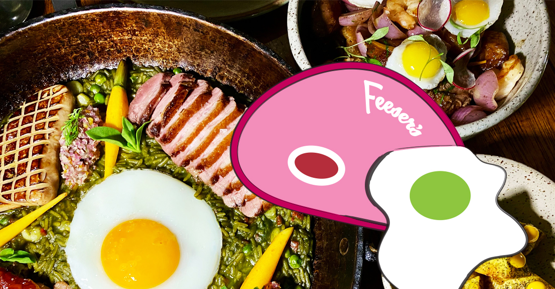 bowls and skillets with fried eggs and ham on them