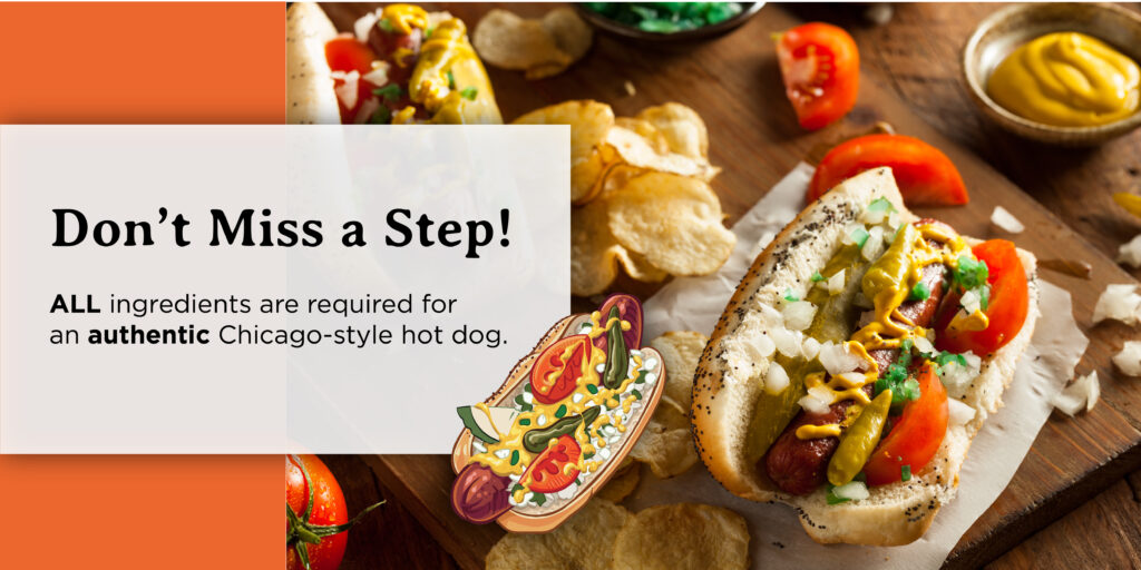 a Chicago-style hot dog with its chopped ingredients spread across a wooden serving board