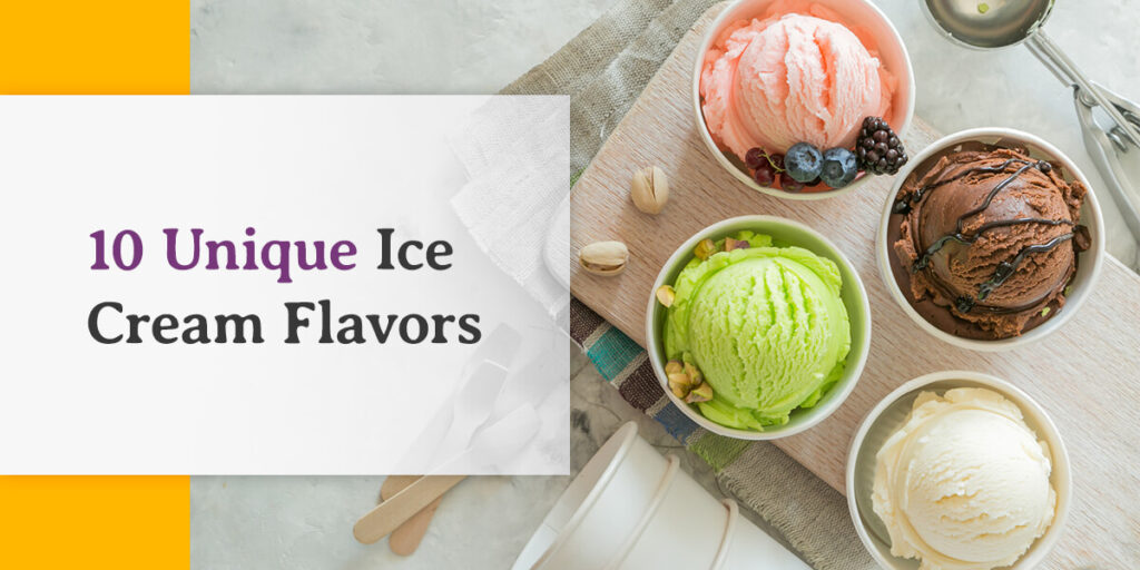 four bowls of different flavors of ice cream on a table