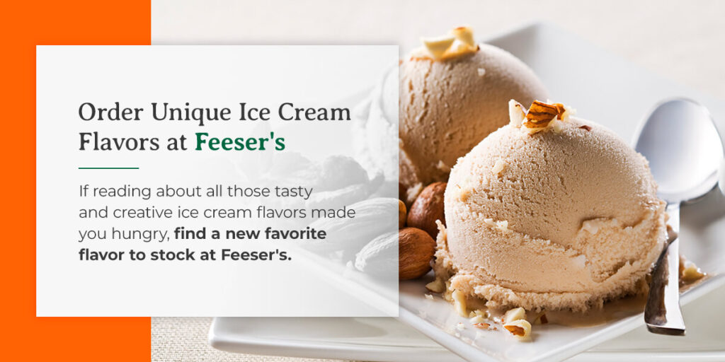 two scoops of ice cream on a white plate with a caption that says order unique ice cream flavors at feeser 's