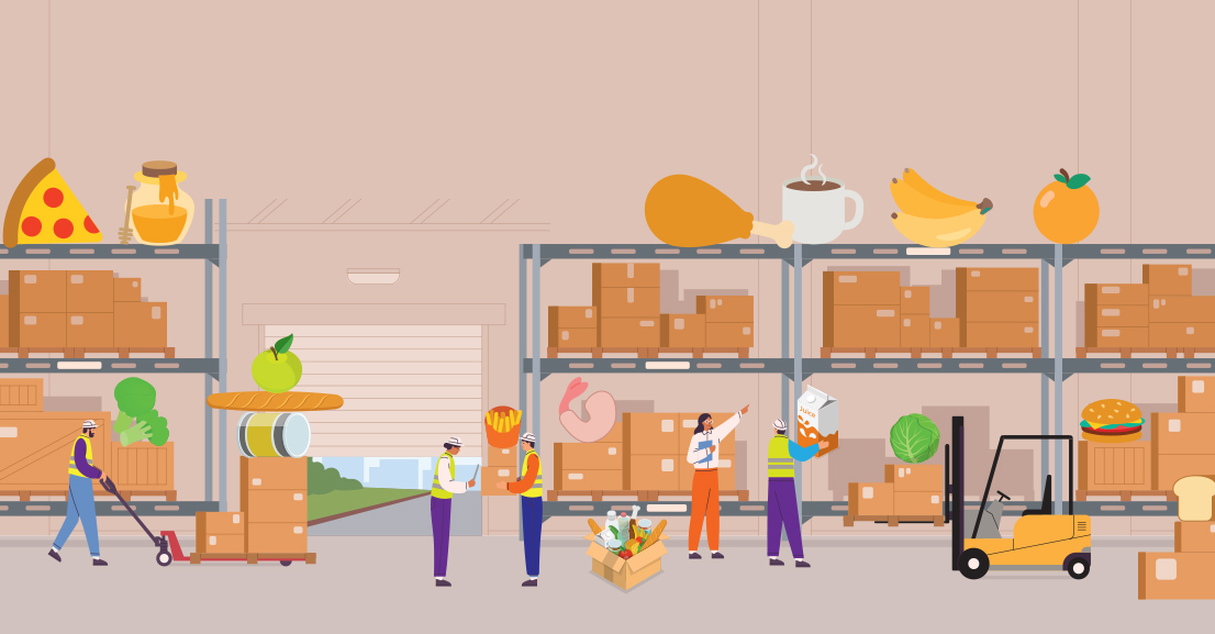 cartoon illustration of people working in a warehouse with boxes and food items on shelving units