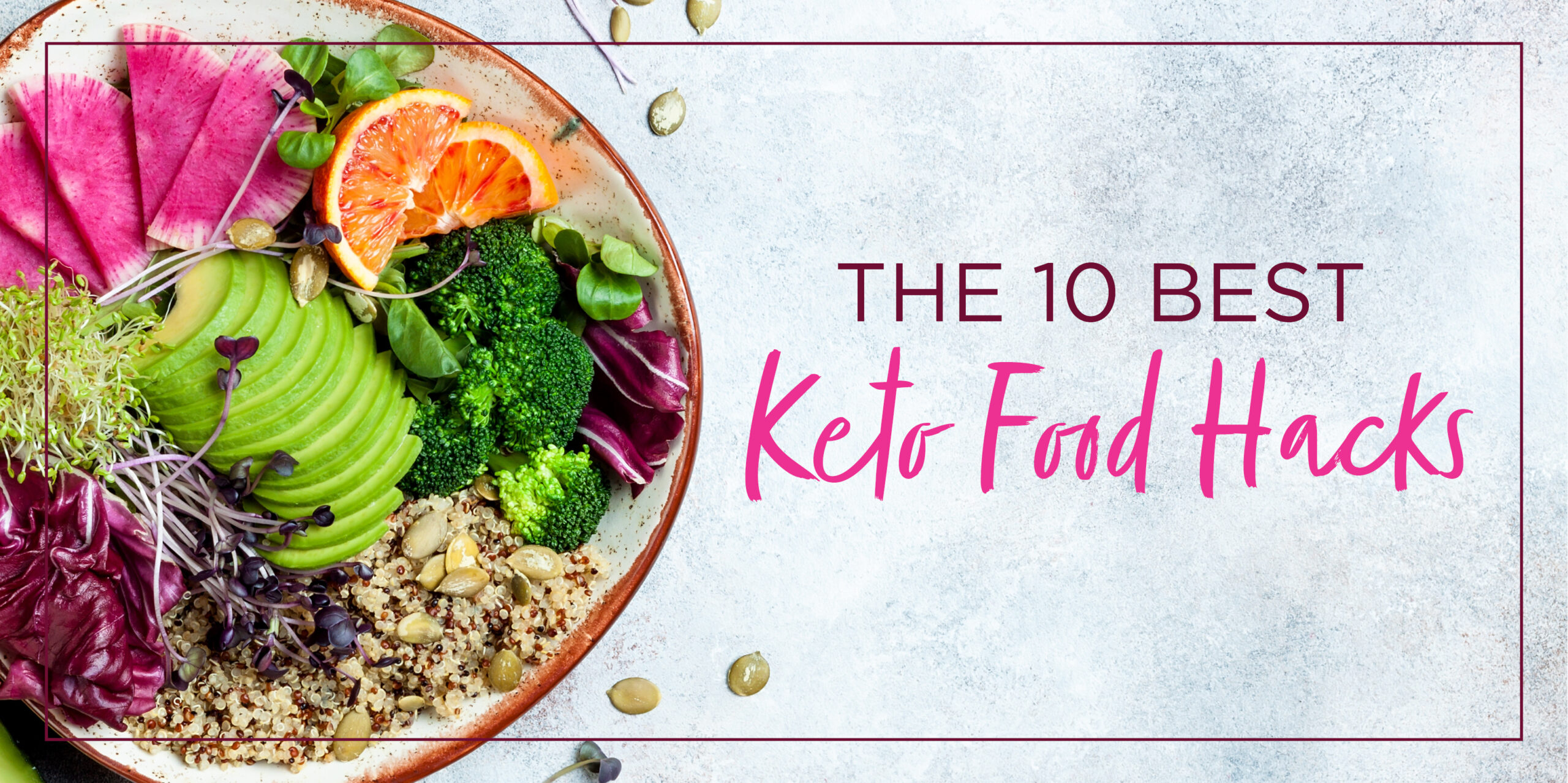 a bowl full of colorful ingredients, including avocado, sprouts, orange slices, red cabbage, and more