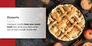 a pie with apples and cinnamon with graphic