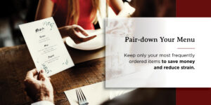 a man is holding a menu in front of a woman at a table with pair down menu graphic