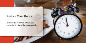 an alarm clock sits on a table next to a plate of food reduce hours graphic