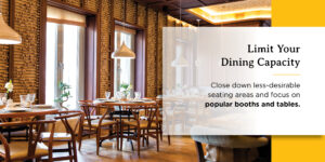 a restaurant with tables and chairs and a sign that says limit your dining capacity