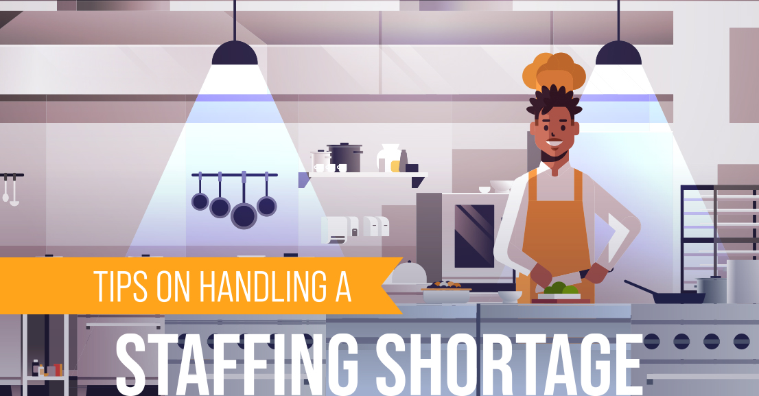cartoon image of a chef cutting vegetables in a large commercial kitchen