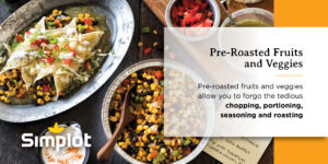 an advertisement for pre-roasted fruits and veggies by simplot
