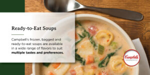 a bowl of soup with a spoon and the words ready-to-eat soups