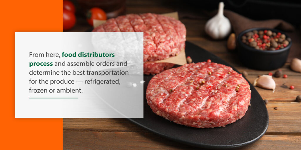 two hamburger patties on a black plate with ad for food distribution