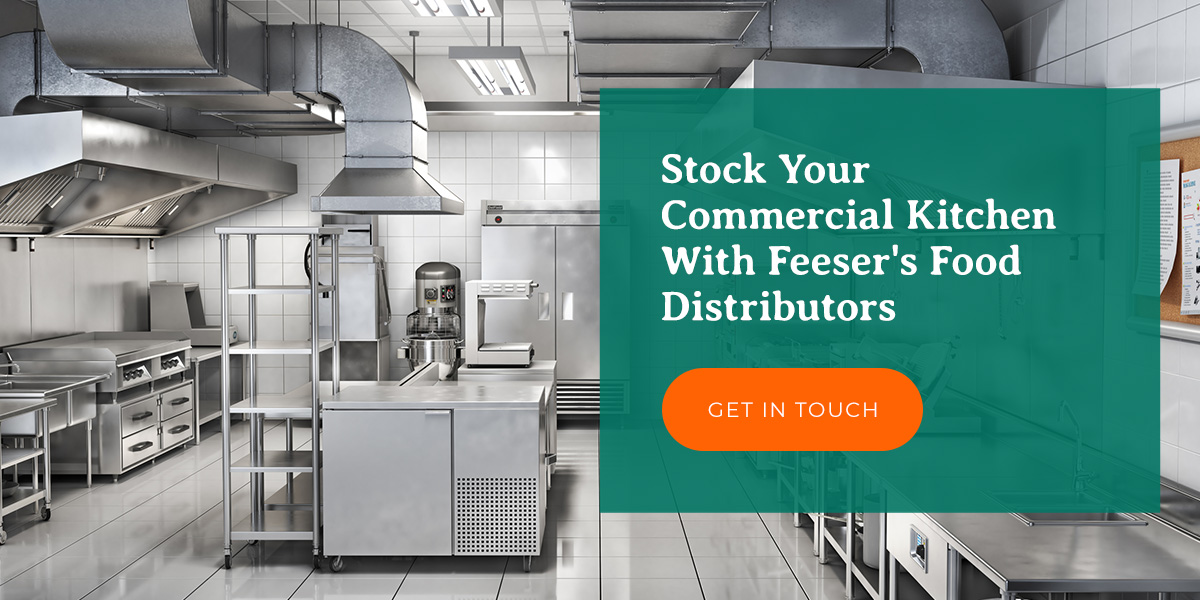 a stainless steel kitchen with the words stock your commercial kitchen with feeser 's food distributors