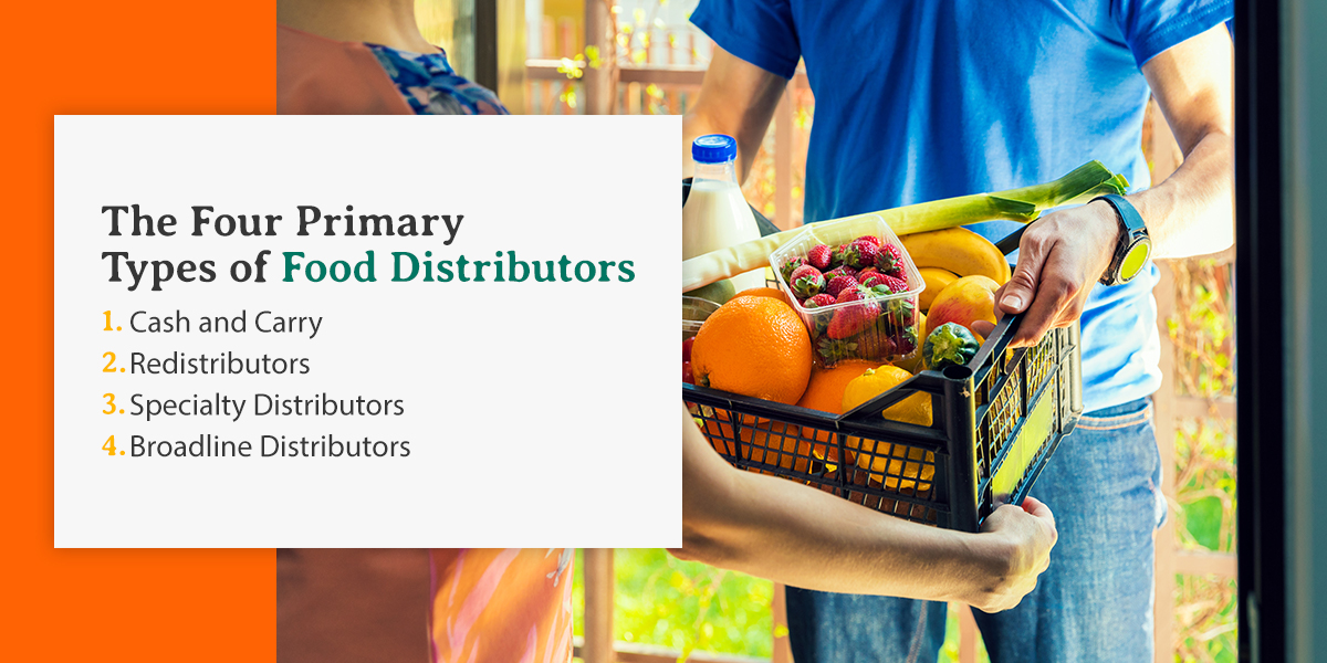 person handing a crate of produce with four types of food distribution listed