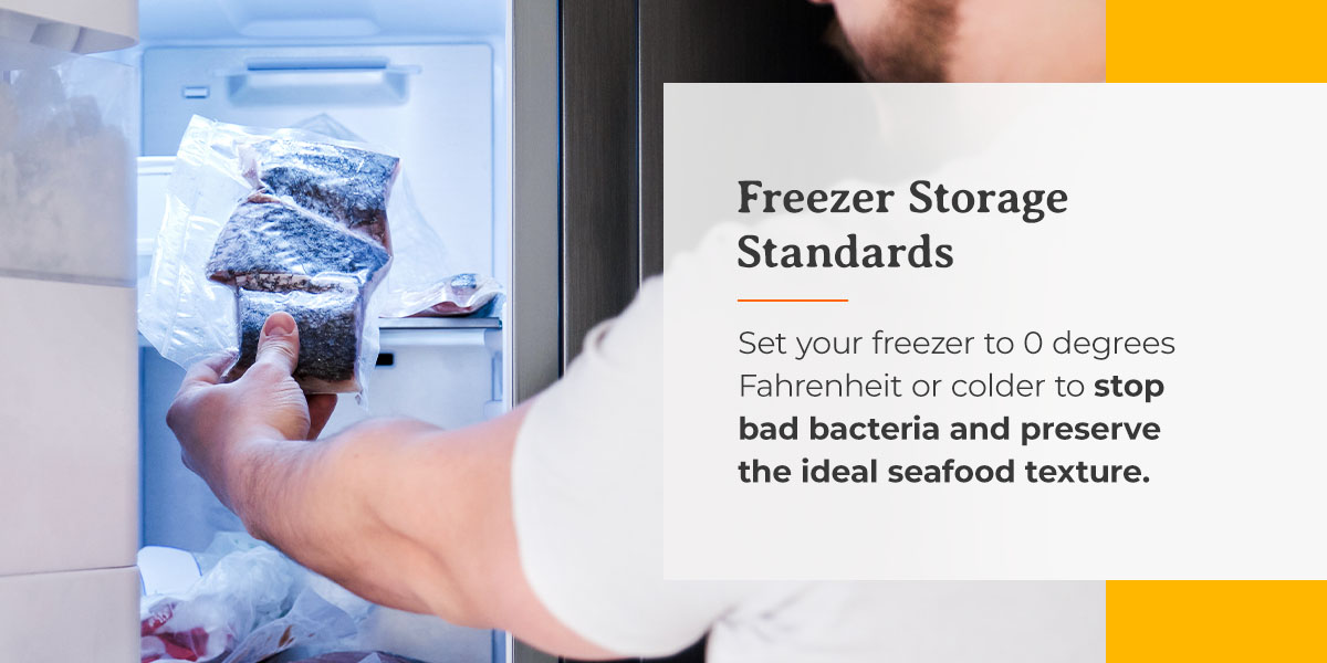 a man is holding a bag of food in front of a refrigerator that says freezer storage standards