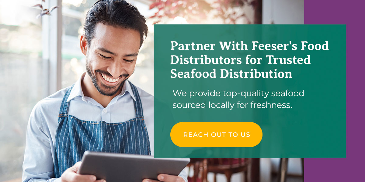 a man is smiling while looking at a tablet with the words partner with feeser 's food distributors for trusted seafood distribution