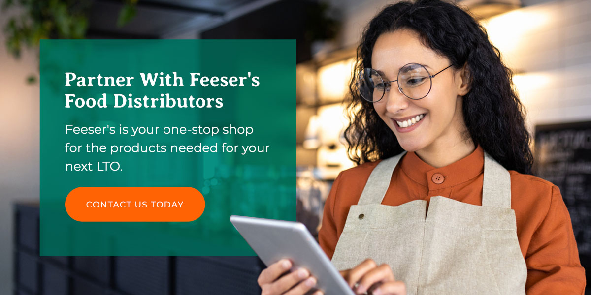 a woman is smiling while holding a tablet with the words partner with feeser 's food distributors