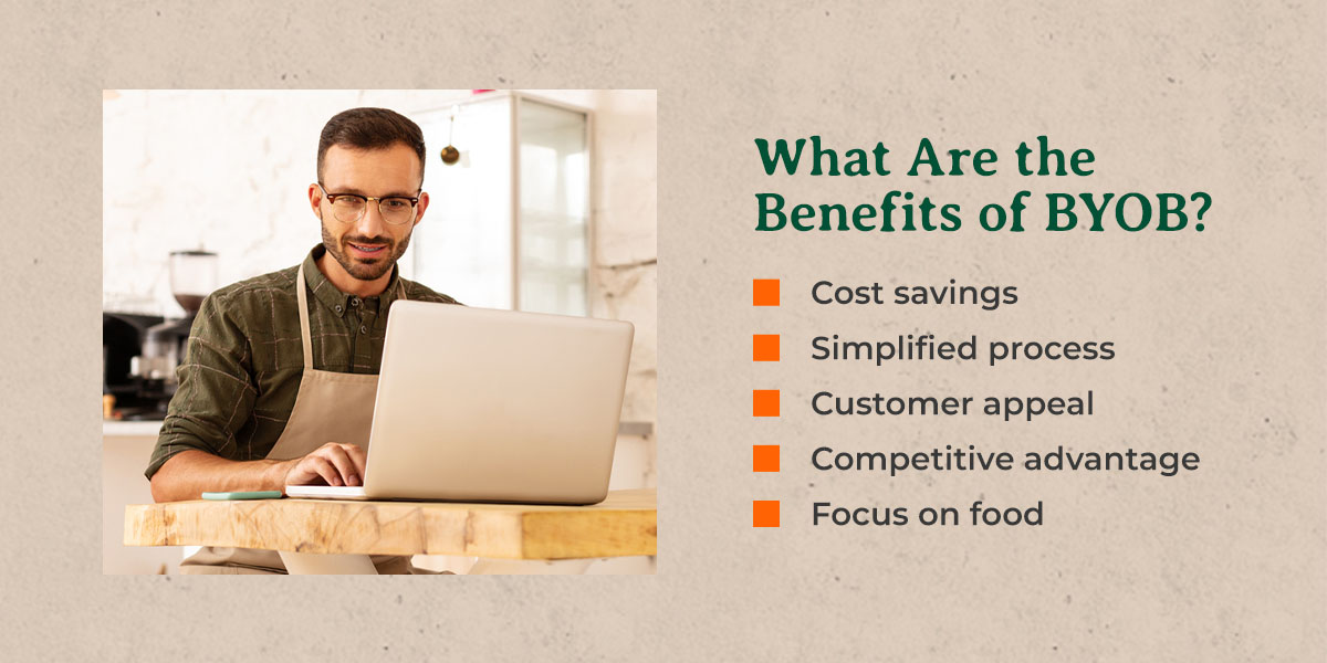 a man is sitting at a table with a laptop and the words what are the benefits of byob