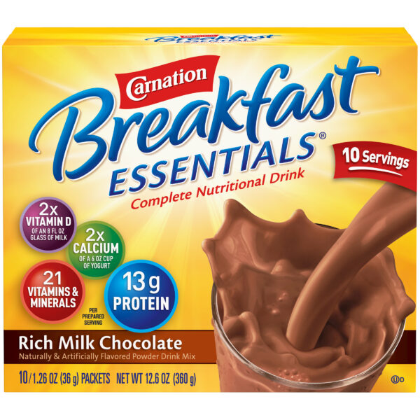 Carnation Breakfast Essentials Powder Nutritional Breakfast Drink Mix, Rich Milk Chocolate, 10 – 1.26 OZ Packets