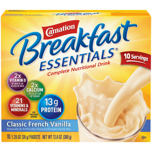 Carnation Breakfast Essentials Powder Nutritional Breakfast Drink Mix, Classic French Vanilla, 10 – 1.26 OZ Packets
