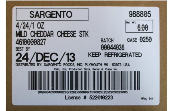 SARGENTO 4/24/1 OZ MILD CHEDDAR NATURAL CHEESE STICK