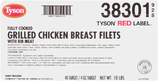 Tyson Red Label Fully Cooked Unbreaded Grilled Chicken Breast Filets, 4 oz.