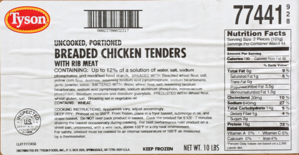 Tyson Uncooked Breaded Select Cut Chicken Tenders