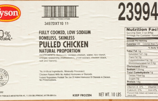 Tyson Fully Cooked All Natural Low Sodium Pulled Chicken, Natural Proportion 60 White/40 Dark Meat