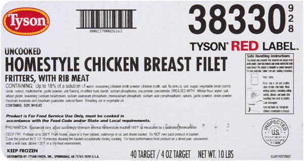 Tyson Red Label Uncooked Homestyle Chicken Breast Filet Fritters, 4 oz.