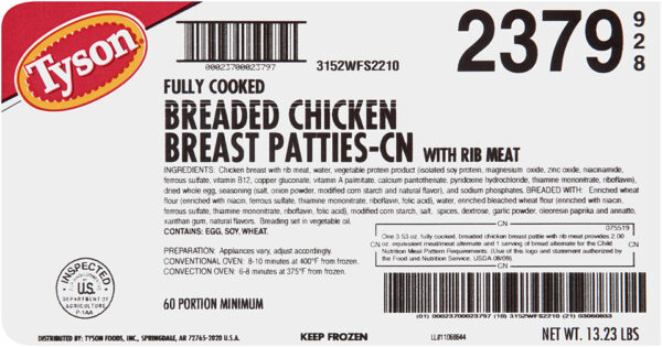 Tyson Fully Cooked Whole Grain Breaded Chicken Breast Patties, CN, 3.63 oz.