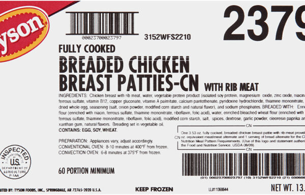 Tyson Fully Cooked Whole Grain Breaded Chicken Breast Patties, CN, 3.63 oz.