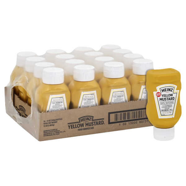 Heinz 100% Natural Yellow Mustard, Forever Full, Inverted, No Seal to Peel, 16 ct Casepack, 13 oz Bottles