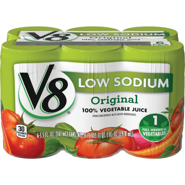 V8 Low Sodium Original 100% Vegetable Juice, 5.5 fl oz Can (8 Cases of 6 Cans)