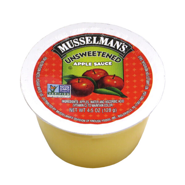 MUSSELMAN’S UNSWEETENED APPLE SAUCE – 96/4.5 Oz Cups – (Meets USDA 1/2 cup fruit req)