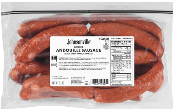 Johnsonville Cooked Natural Casing Smoked Andouille Pork & Beef Sausage – 6″ Links – 4:1 – 5lb bag/2ct case – Food Service