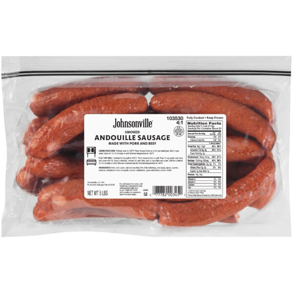 Johnsonville Cooked Natural Casing Smoked Andouille Pork & Beef Sausage – 6″ Links – 4:1 – 5lb bag/2ct case – Food Service