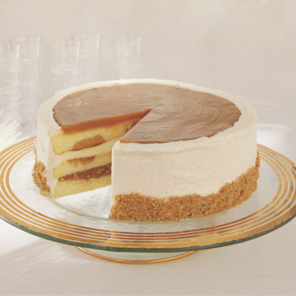 CAKE, LAYER 3 VANILLA CARAMEL SALTED CRUNCH GLAZED 9 14 SLICED TFF BOX FROZEN