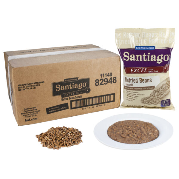 Santiago EXCEL Refried Pinto Beans – Smooth, 138 servings (4 OZ) per case, convenient, 6/29.77 oz pouches