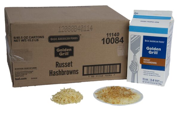 Golden Grill Russet Hashbrowns, 432 half-cup servings per case, loose shred, grills fast, 6/40.5oz ctn