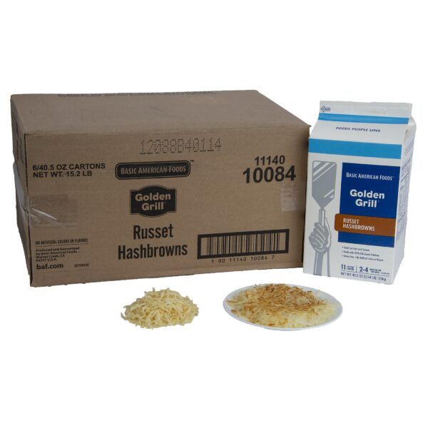 Golden Grill Russet Hashbrowns, 432 half-cup servings per case, loose shred, grills fast, 6/40.5oz ctn