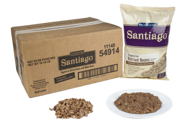 Santiago Vegetarian Refried Pinto Beans, 138 servings (4 OZ) per case, convenient, 6/27.09 oz pouches