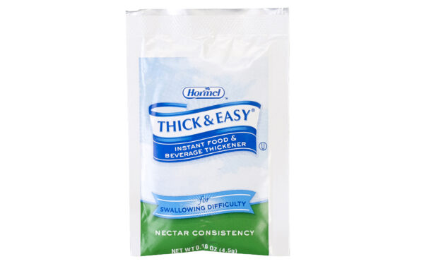 THICK & EASY Thickener, Nectar L2, water, coffee, & clear juices. Honey L3, orange juice, and milk